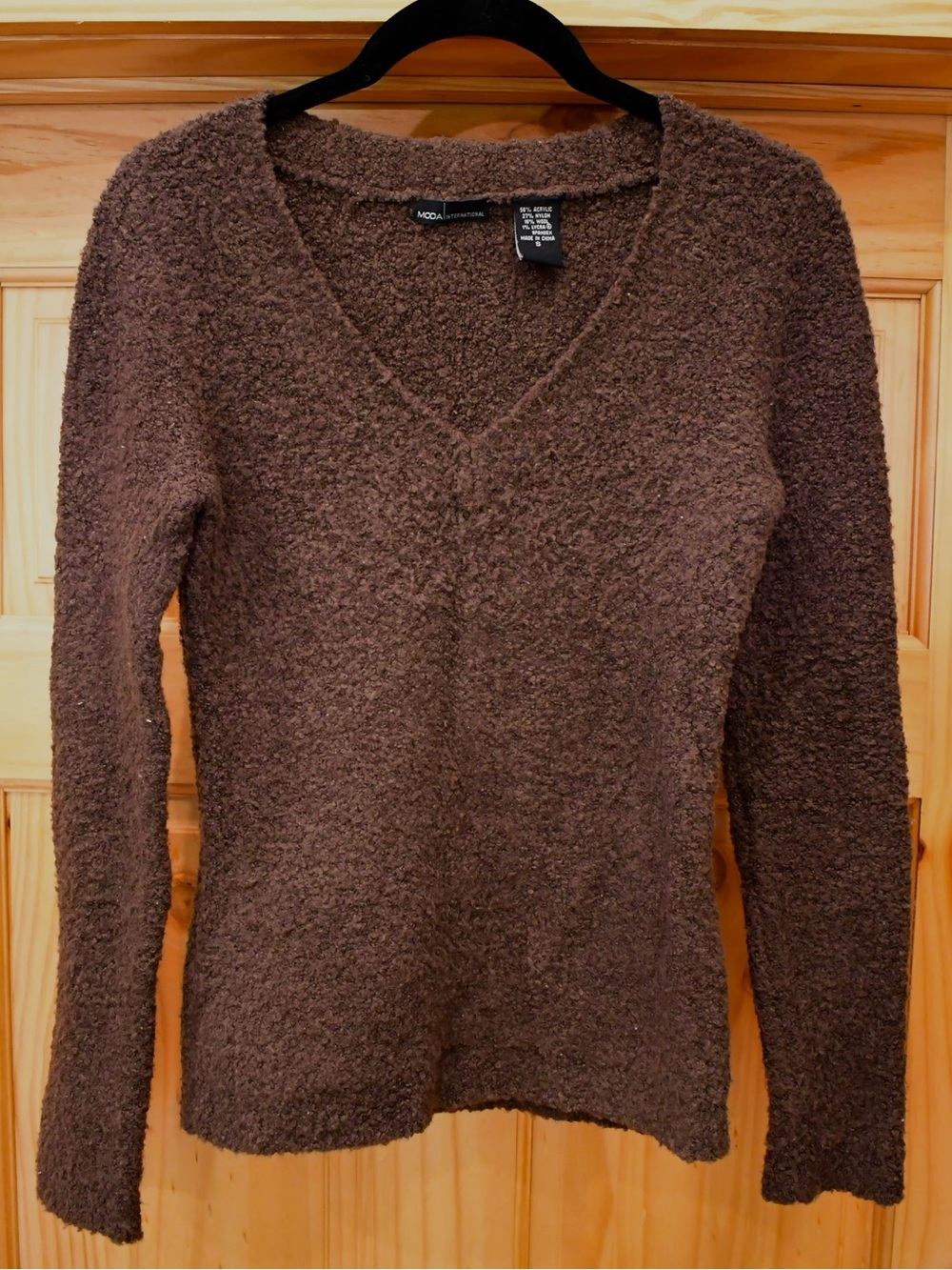 Moda International Brown Textured V-Neck Wool Sweater Small